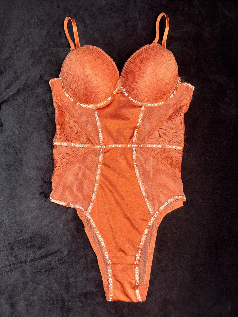bebe Rust Orange Lace & Mesh Bodysuit Size Large Hook Eye Padded Bra Adjustable